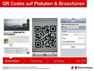QR Codes auf Plakaten & Broschüren Foto-Quelle:  http://www.flickr.com/photos/avlxyz/2656508531/   App-Quelle:  http://itunes.apple.com/de/app/qr-reader-for-iphone/id368494609?mt=8   Inspiration Planung Anreise Vor Ort 