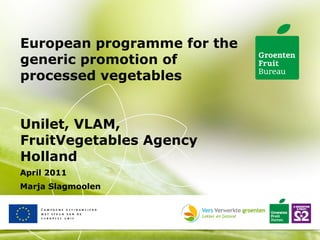 [object Object],[object Object],European programme for the generic promotion of processed vegetables Unilet, VLAM,  FruitVegetables Agency Holland  