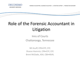 FORENSIC ACCOUNTING | BUSINESS VALUATION | LITIGATION SUPPORT | TRANSACTION ADVISORY
ADVISORY SERVICES




Role of the Forensic Accountant in
             Litigation
                         Inns of Courts
                    Chattanooga, Tennessee

                       Bill Acuff, CPA•CFF, CFE
                    Sharon Hamrick, CPA•CFF, CFE
                    Brent McDade, ASA, CBA•BVAL
 