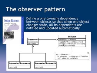 The observer pattern
Define a one-to-many dependency
between objects so that when one object
changes state, all its dependents are
notified and updated automatically.
 