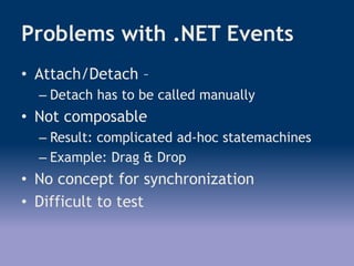 Problems with .NET Events
• Attach/Detach –
– Detach has to be called manually
• Not composable
– Result: complicated ad-hoc statemachines
– Example: Drag & Drop
• No concept for synchronization
• Difficult to test
 
