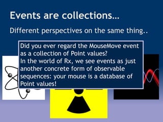 Events are collections…
Different perspectives on the same thing..
Did you ever regard the MouseMove event
as a collection of Point values?
In the world of Rx, we see events as just
another concrete form of observable
sequences: your mouse is a database of
Point values!
 