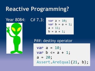 Reactive Programming?
Year 8084: C# 7.3:
P##: destiny operator
 