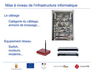 Mise à niveau de l’infrastructure informatique
Le câblage
Equipement réseau
Switch,
routeurs,
modems...
Catégorie du câblage,
armoire de brassage…
 