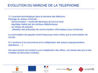 IPBX
1/ L’avancée technologique dans le domaine des télécoms :
Passage du réseau commuté…
communication = continuité électrique de bout en bout
aiguillage réalisé par les centraux téléphoniques
…au réseau de paquets
utilisation des protocoles de communication informatique (ceux d’internet)
La commutation de paquets revient beaucoup moins chère que la commutation de
circuits.
2/ L’ouverture à la concurrence et la multiplication des acteurs (équipementiers,
opérateurs, …)
Ces deux leviers ont conduit à une multiplication des offres, une baisse des prix et des
modèles de facturation (forfaits).
EVOLUTION DU MARCHE DE LA TELEPHONIE
 
