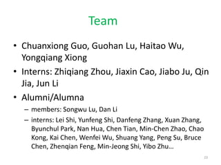 Team
• Chuanxiong Guo, Guohan Lu, Haitao Wu,
  Yongqiang Xiong
• Interns: Zhiqiang Zhou, Jiaxin Cao, Jiabo Ju, Qin
  Jia, Jun Li
• Alumni/Alumna
  – members: Songwu Lu, Dan Li
  – interns: Lei Shi, Yunfeng Shi, Danfeng Zhang, Xuan Zhang,
    Byunchul Park, Nan Hua, Chen Tian, Min-Chen Zhao, Chao
    Kong, Kai Chen, Wenfei Wu, Shuang Yang, Peng Su, Bruce
    Chen, Zhenqian Feng, Min-Jeong Shi, Yibo Zhu…
                                                                23
 