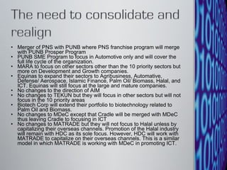 Merger of PNS with PUNB where PNS franchise program will merge with PUNB Prosper Program PUNB SME Program to focus in Automotive only and will cover the full life cycle of the organization.  MARA to focus on other sectors other than the 10 priority sectors but more on Development and Growth companies.  Equinas to expand their sectors to Agribusiness, Automative, Defense/ Aerospace, Islamic Finance, Palm Oil/ Biomass, Halal, and ICT. Equinas will still focus at the large and mature companies.  No changes to the direction of AIM No changes to TEKUN but they will focus in other sectors but will not focus in the 10 priority areas  Biotech Corp will extend their portfolio to biotechnology related to Palm Oil and Biomass.  No changes to MDeC except that Cradle will be merged with MDeC thus leaving Cradle to focusing in ICT No changes to MATRADE but they will not focus to Halal unless by capitalizing their overseas channels. Promotion of the Halal industry will remain with HDC as its sole focus. However, HDC will work with MATRADE to capitalize on their overseas channels. This is a similar model in which MATRADE is working with MDeC in promoting ICT.  