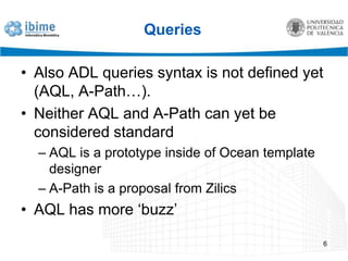 QueriesAlso ADL queriessyntaxisnotdefinedyet (AQL, A-Path…). Neither AQL and A-Path can yetbeconsideredstandardAQL is a prototypeinside of OceantemplatedesignerA-Pathis a proposalfromZilicsAQL has more ‘buzz’6