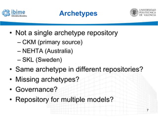 ArchetypesNot a single archetype repositoryCKM (primary source)NEHTA (Australia)SKL (Sweden)Same archetype in different repositories?Missing archetypes?Governance?Repository for multiple models?7