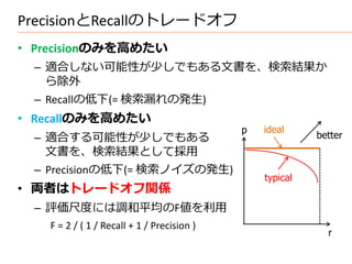 PrecisionとRecallのトレードオフ
• Precisionのみを高めたい
  – 適合しない可能性が少しでもある文書を、検索結果か
    ら除外
  – Recallの低下(= 検索漏れの発生)
• Recallのみを高めたい
                                             p   ideal
  – 適合する可能性が少しでもある                                         better
    文書を、検索結果として採用
  – Precisionの低下(= 検索ノイズの発生)
                                                 typical
• 両者はトレードオフ関係
  – 評価尺度には調和平均のF値を利用
    F = 2 / ( 1 / Recall + 1 / Precision )
                                                             r
 