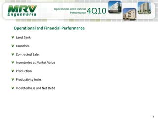 7
Land Bank
Launches
Contracted Sales
Inventories at Market Value
Production
Productivity Index
Indebtedness and Net Debt
Operational and Financial
Performance
Operational and Financial Performance
4Q10
 