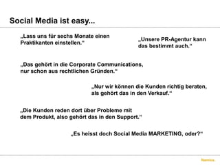 „Lass uns für sechs Monate einenPraktikanten einstellen.“„Unsere PR-Agentur kann das bestimmt auch.“„Das gehört in die Corporate Communications, nur schon aus rechtlichen Gründen.“„Nur wir können die Kunden richtig beraten, als gehört das in den Verkauf.“„Die Kunden reden dort über Probleme mit dem Produkt, also gehört das in den Support.“„Es heisst doch Social Media MARKETING, oder?“Social Media ist easy...