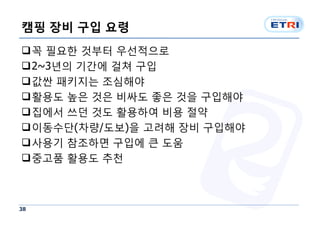 캠핑 장비 구입 요령
q꼭 필요한 것부터 우선적으로
q2~3년의 기간에 걸쳐 구입
q값싼 패키지는 조심해야
q활용도 높은 것은 비싸도 좋은 것을 구입해야
q집에서 쓰던 것도 활용하여 비용 절약
q이동수단(차량/도보)을 고려해 장비 구입해야
q사용기 참조하면 구입에 큰 도움
q중고품 활용도 추천



38
 