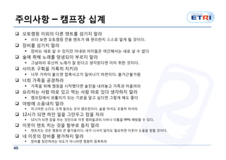 주의사항 – 캠프장 십계
q 오토캠핑 이외의 다른 텐트를 섬기지 말라
     §   쓰다 보면 오토캠핑 전용 텐트가 왜 편리한지 스스로 알게 될 것이다.
q 장비를 섬기지 말라
     §   장비는 새로 살 수 있지만 아내와 아이들은 여간해서는 새로 살 수 없다
q 술에 취해 노래를 망녕되이 부르지 말라
     §   그날따라 유난히 노래가 잘 된다고 생각된다면 이미 취한 것이다.
q 사이트 구획을 거룩히 지키라
     §   너무 가까이 붙으면 접촉사고가 일어나기 마련이다. 불가근불가원
q 너희 가족을 공경하라
     §   가족을 위해 캠핑을 시작했다면 술잔을 내려놓고 가족과 어울려라
q 요리하는 사람 따로 있고 먹는 사람 따로 있다 생각하지 말라
     §   캠프장에서 외톨이가 되는 기분을 알고 싶다면 그렇게 해도 좋다
q 야밤에 소음내지 말라
     §   자그마한 소리도 크게 들리는 곳이 캠프장이다. 술을 마셔도 조용히 마셔라
q 12시가 되면 하던 일을 그만두고 잠을 자라
     §   12시가 되면 잠을 자는 것만으로 이웃 캠퍼들과의 시비나 다툼을 99% 예방할 수 있다.
q 이웃이 텐트 치는 것을 함부로 돕지 말라
     §   텐트치는 것은 캠핑의 큰 즐거움이다. 네가 나서지 않아도 필요하면 이웃이 도움을 청할 것이다.
q 네 이웃의 장비를 평가하지 말라
     §   장비를 칭찬하려는 의도가 아니라면 영원히 침묵하라

45
 