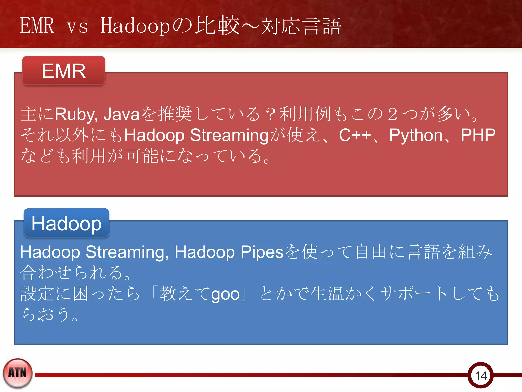 EMR vs Hadoopの比較～対応言語
 EMR

主にRuby, Javaを推奨している？利用例もこの２つが多い。
それ以外にもHadoop Streamingが使え、C++、Python、PHP
なども利用が可能になっている。


Hadoop
Hadoop Streaming, Hadoop Pipesを使って自由に言語を組み
合わせられる。
設定に困ったら「教えてgoo」とかで生温かくサポートしても
らおう。


                                       14
 