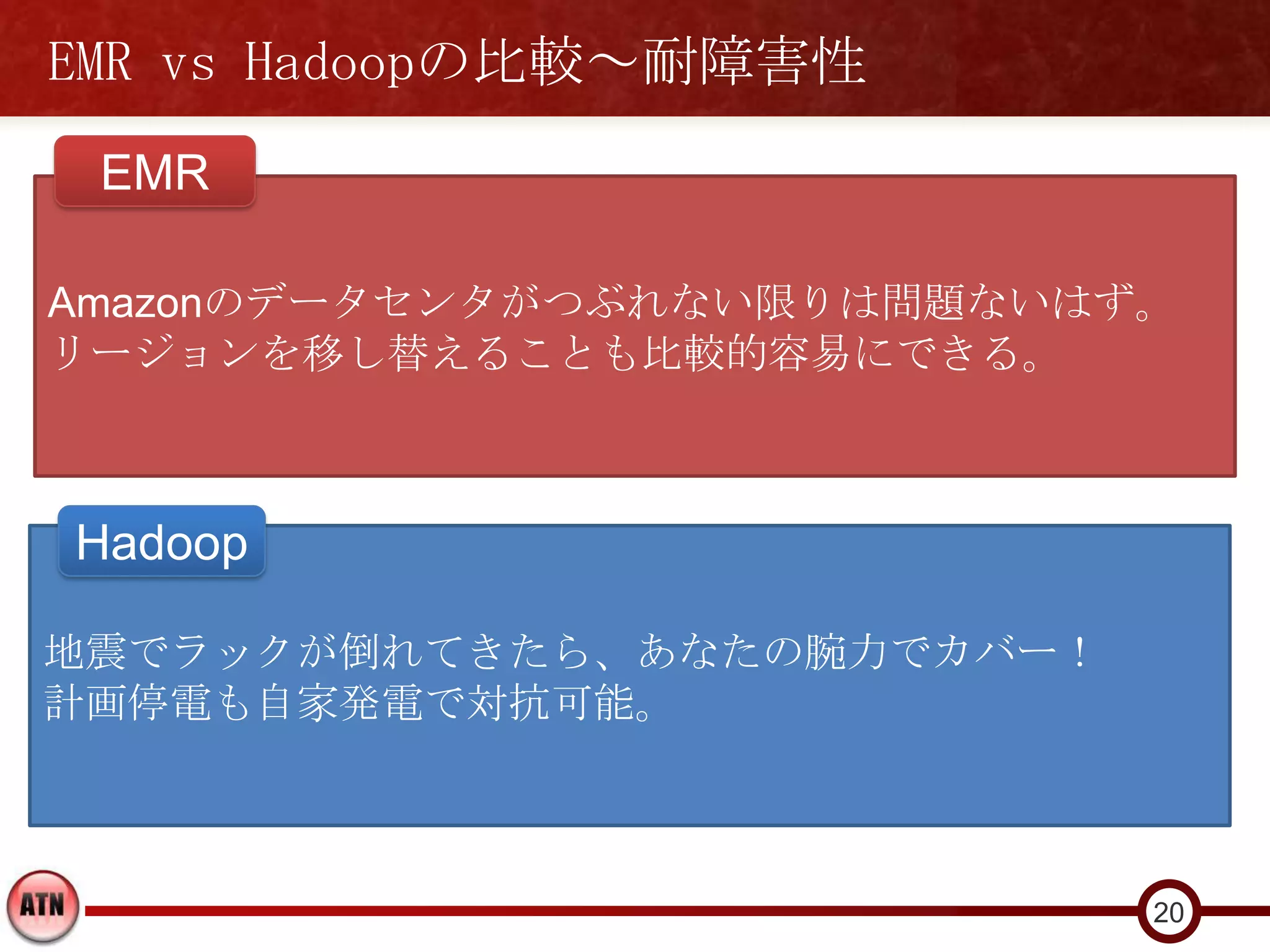 EMR vs Hadoopの比較～耐障害性
 EMR

Amazonのデータセンタがつぶれない限りは問題ないはず。
リージョンを移し替えることも比較的容易にできる。



Hadoop

地震でラックが倒れてきたら、あなたの腕力でカバー！
計画停電も自家発電で対抗可能。



                            20
 