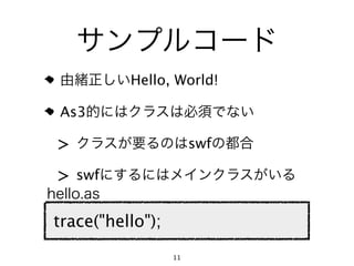 Hello, World!

As3

>                      swf

>   swf


trace("hello");
                  11
 
