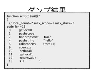 function script0$init():*
{
  // local_count=2 max_scope=1 max_stack=2
code_len=15
  0       getlocal0
  1       pushscope
  2       ﬁndpropstrict    trace
  4       pushstring      "hello"
  6       callproperty    trace (1)
  9       coerce_a
  10       setlocal1
  11       getlocal1
  12       returnvalue
  13       kill         1
}
                        15
 