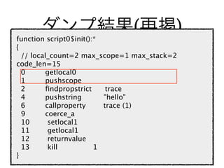 (          )
function script0$init():*
{
  // local_count=2 max_scope=1 max_stack=2
code_len=15
  0       getlocal0
  1       pushscope
  2       ﬁndpropstrict    trace
  4       pushstring      "hello"
  6       callproperty    trace (1)
  9       coerce_a
  10       setlocal1
  11       getlocal1
  12       returnvalue
  13       kill         1
}
                        22
 