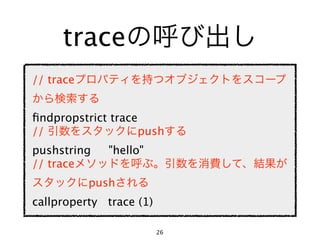 trace
// trace


ﬁndpropstrict trace
//                  push
pushstring    "hello"
// trace
           push
callproperty trace (1)

                         26
 