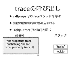 trace
      callpropery    trace



      <obj>.trace(“hello”)


 ﬁndpropstrict trace
 pushstring “hello”
> callproperty trace(1)

                          30
 