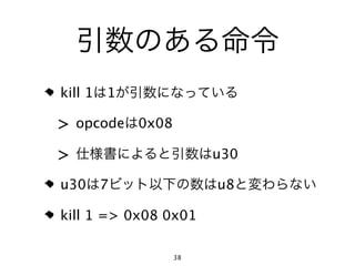 kill 1   1

> opcode 0x08
>                     u30

u30      7            u8

kill 1 => 0x08 0x01

                38
 