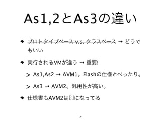 As1,2          As3
               v.s.          →


        VM      →        !

> As1,As2 → AVM1 Flash
> As3 → AVM2
       AVM2


                7
 