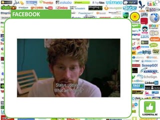 SOCIAL NETWORKS45 miljoen status updates op Facebook elke dag 5 miljoen tweets op Twitter elke dagElke dag 700.000 nieuwe FacebookgebruikersDat is de volledige bevolking van GuyanaElke minuut 24u beeldmateriaal extra op YouTubeGoed voor 2 miljard bekeken filmpjes elke dag900.000 blogposts elke dagGoed om de New York Times 19 jaar lang te vullen80% van de Belgen op internet70% heeft 1-2 social media accounts