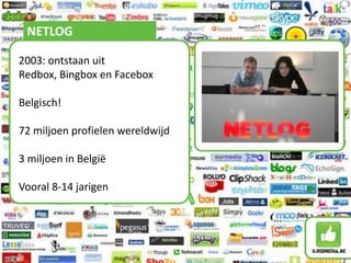 FACEBOOK2004: Harvard2006: open voor iedereen640 miljoen gebruikers50% logt dagelijks in3,9 miljoen Belgen (55%)Meest populair: foto’s, delen, likenProfielen, groepen, pagina’s37% tussen 14-24 jaar