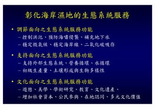 彰化海岸濕地的生態系統服務
• 調節面向之生態系統服務功能
 – 控制洪氾、預防海嘯侵襲、補充地下水
 – 穩定微氣候 穩定海岸線 二氧化碳吸存
   穩定微氣候、穩定海岸線、二氧化碳吸存

• 支持面向之生態系統服務功能
 – 支持外部生態系統、營養循環、水循環
 – 初級生產量、土壤形成與生物多樣性

• 文化面向之生態系統服務功能
 – 遊憩、美學、學術研究、教育、文化遺產、
 – 增加社會資本、公民參與、在地認同、多元文化價值
 