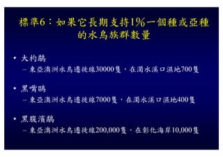 標準6 如果它長期支持1％一個種或亞種
標準6：如果它長期支持1％一個種或亞種
      的水鳥族群數量

• 大杓鷸
 – 東亞澳洲水鳥遷徙線30000隻，在濁水溪口濕地700隻

• 黑嘴鷗
 – 東亞澳洲水鳥遷徙線
   東亞澳洲水鳥遷徙線7000隻，在濁水溪口濕地400隻
                隻 在濁水溪口濕地 隻

• 黑腹濱鷸
 – 東亞澳洲水鳥遷徙線200,000隻，在彰化海岸10,000隻
   東亞澳洲水鳥遷徙線200,000隻 在彰化海岸10,000隻
 