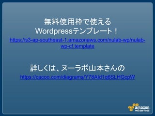 無料使用枠で使える
          Wordpressテンプレート！
https://s3-ap-southeast-1.amazonaws.com/nulab-wp/nulab-
                      wp-cf.template



        詳しくは、ヌーラボ山本さんの
    https://cacoo.com/diagrams/Y78AId1q6SLHGcpW
 