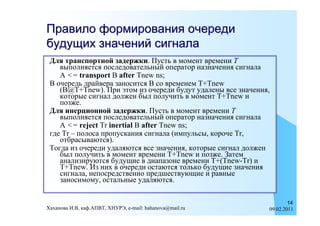 Правило формирования очереди
будущих значений сигнала
 Для транспортной задержки. Пусть в момент времени T
    выполняется последовательный оператор назначения сигнала
    A <= transport B after Tnew ns;
 В очередь драйвера заносится B со временем T+Tnew
    (B@T+Tnew). При этом из очереди будут удалены все значения,
    которые сигнал должен был получить в момент T+Tnew и
    позже.
 Для инерционной задержки. Пусть в момент времени T
    выполняется последовательный оператор назначения сигнала
    A <= reject Tr inertial B after Tnew ns;
 где Tr – полоса пропускания сигнала (импульсы, короче Tr,
    отбрасываются).
 Тогда из очереди удаляются все значения, которые сигнал должен
    был получить в момент времени T+Tnew и позже. Затем
    анализируются будущие в диапазоне времени T+(Tnew-Tr) и
    T+Tnew. Из них в очереди остаются только будущие значения
    сигнала, непосредственно предшествующие и равные
    заносимому, остальные удаляются.

                                                                      14
Хаханова И.В, каф.АПВТ, ХНУРЭ, e-mail: hahanova@mail.ru       09.02.2011
 