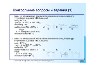 Контрольные вопросы и задания (1)
1. Какие из приведенных результатов можно получить, моделируя
    устройство заданное VHDL кодом?
    entity INV is
     port (A :in BIT; Y :out BIT);
    end entity INV;                           A            A           A


    architecture INV of INV is     a)       b)          c)
                                              Y            Y           Y



          begin                                   5 ns         5 ns        5 ns



      Y <= transport A after 5 ns;
    end architecture INV;

2. Какие из приведенных результатов можно получить, моделируя
    устройство заданное VHDL кодом?
    entity INV is
     port (A :in BIT; Y :out BIT);
    end entity INV;
    architecture INV of INV is     a)       b)          c)
    begin                                     A
                                                           A               A

     Y <= A after 5 ns;                       Y
                                                           Y               Y

    end architecture INV;                         5 ns
                                                                5 ns
                                                                                  5 ns



                                                                                                 19
 Хаханова И.В, каф.АПВТ, ХНУРЭ, e-mail: hahanova@mail.ru                                 09.02.2011
 