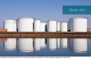 Break silos




Everybody is reading information, and is sharing it sometimes, somewhere, with some people, irregularly and inefﬁciently.
 