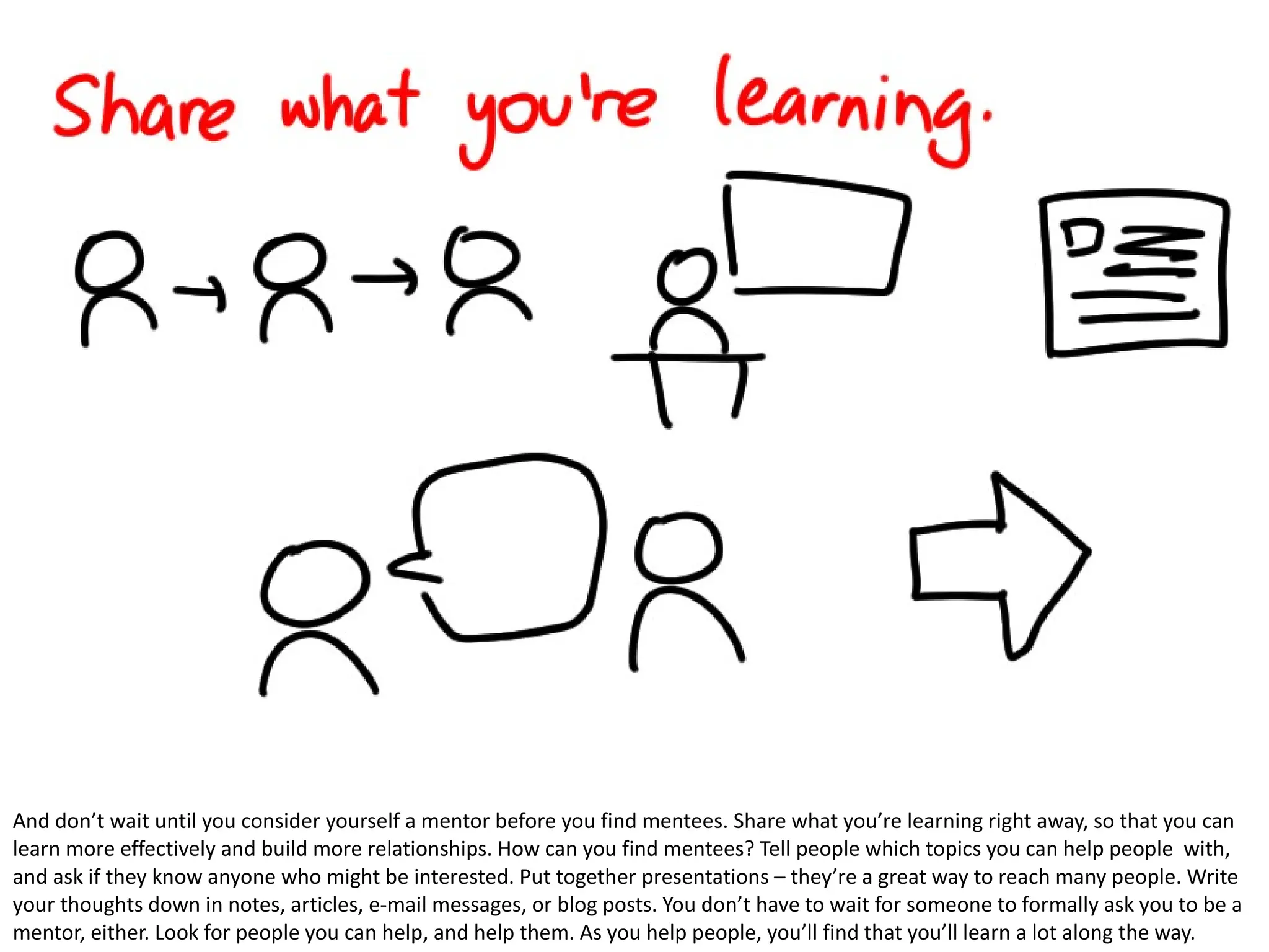 And don’t wait until you consider yourself a mentor before you find mentees. Share what you’re learning right away, so that you can learn more effectively and build more relationships. How can you find mentees? Tell people which topics you can help people  with, and ask if they know anyone who might be interested. Put together presentations – they’re a great way to reach many people. Write your thoughts down in notes, articles, e-mail messages, or blog posts. You don’t have to wait for someone to formally ask you to be a mentor, either. Look for people you can help, and help them. As you help people, you’ll find that you’ll learn a lot along the way. 