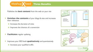 Three Beneﬁts


    Publishes the best content from the web on your site           Fait #2 ™
                                                                                                 ... sans
                                                                                             MashupXFeed™
                                                                                                                                 ... avec
                                                                                                                              MashupXFeed™


                                                                Mas hupXFeedfnat
                                                                boos te ton re

‣   Enriches the contents of your blogs & sites and increases     Le moteur de
                                                                  recherche préféré
    their relevance                                               des internautes
                                                                  montrant ta marque...



    ๏ Increases the duration of visits
    ๏ Improves the chances of a conversion
                                                                                                                  Je passe

                                                                     Fait #3 ment
                                                                                                              deux fois plus de
                                                                                                             temps sur le même
                                                                              i
                                                                     urfeurs a d ™
                                                                Tes s XFee
                                                                                                                    site




‣   Facilitates regular updating                                  Mashup                   Un tiers des
                                                                                          pages que je lie
                                                                                          proviennent de
                                                                                                                Fait
                                                                                                                             Je n'ai pas
                                                                                                                         l'impression qu'ils
                                                                                                                           cherchent à me
                                                                                                                           vendre quelque
                                                                                                                               chose !
                                                                                          MashupXFeed™


                                                                          J'aime
                                                                         les actus



‣
                                                                        fraiches...
                                                                                                                            Fait
    Improves your SEO both qualitatively and quantitatively                                  Fait


    ๏ Increases your qualiﬁed trafﬁc                                    Fait
 