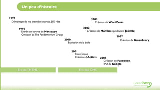 Un peu d’histoire

1994
                                                                        2003
  Démarrage de ma première startup, DX Net                                Création de WordPress

        1995                                                  2002
          Entrée en bourse de Netscape                          Création de Mambo (qui devient Joomla)
          Création de The Pandemonium Group
                                                                                          2007
                                              2000                                          Création de GreenIvory
                                                Explosion de la bulle


                                                    2001
                                                      Contrecoup
                                                      Création d’Activis      2004
                                                                                Création de Facebook
                                                                                IPO de Google

       Ere de l’HTML                                       Ere des CMS
 