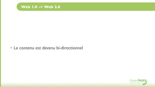 Web 1.0 -> Web 2.0




• Le contenu est devenu bi-directionnel
 