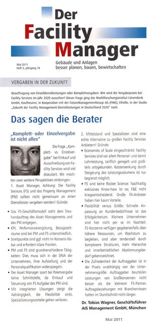 Vergabemodelle der Zukunft im Property und Facility Management in "Der Facility Manager" Ausgabe Mai 2011 / Heft 5 