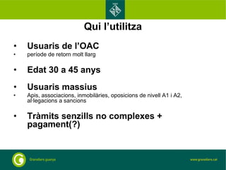 Qui l’utilitza Usuaris de l’OAC  període de retorn molt llarg Edat 30 a 45 anys Usuaris massius  Apis, associacions, inmobilàries, oposicions de nivell A1 i A2, al·legacions a sancions Tràmits senzills no complexes + pagament(?) 
