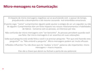 Micro-­‐mensagens	
  na	
  Comunicação:	
  
    	
  
    	
  
    	
  
               O	
  impacto	
  de	
  micro-­‐mensagens	
  nega>vas	
  vai	
  se	
  acumulando	
  com	
  	
  o	
  passar	
  do	
  tempo,	
  
                      prejudicando	
  o	
  desempenho	
  e	
  até	
  mesmo	
  causando	
  	
  mal	
  entendidos	
  emocionais	
  
         O	
  ponto	
  cego:	
  “como”	
  cumprimentar	
  alguém	
  pode	
  ajustar	
  o	
  estágio	
  de	
  ser	
  um	
  seguidor	
  ou	
  não	
  
               de	
  alguém:	
  Cumprimentos	
  têm	
  um	
  forte	
  impacto	
  nos	
  nossos	
  relacionamentos	
  e	
  habilidades	
  
                                    de	
  liderar.	
  	
  Converse	
  com	
  as	
  pessoas,	
  se	
  interesse	
  por	
  elas	
  
          Não	
  confunda	
  dar	
  micro-­‐mensagens	
  com	
  “ser	
  bonzinho”.	
  As	
  pessoas	
  percebem	
  quando	
  você	
  
                            soa	
  falso.	
  Dar	
  micro-­‐mensagens	
  é	
  ser	
  asser>vo	
  em	
  suas	
  colocações	
  
         Saiba	
  qual	
  pergunta	
  está	
  sendo	
  feita	
  a	
  você	
  e	
  se	
  precisar	
  pergunte:	
  “Por	
  que	
  está	
  fazendo	
  esta	
  
                pergunta?”	
  ou	
  “Não	
  entendi	
  a	
  pergunta”.	
  Micro-­‐mensagens	
  podem	
  ser	
  muito	
  eﬁcazes	
  
          Inﬂexões	
  inﬂuentes:”Eu	
  não	
  disse	
  que	
  ela	
  ‘roubou’	
  o	
  livro”:	
  palavras	
  são	
  importantes:	
  micro-­‐
                                                   mensagens	
  =	
  macro-­‐impacto.	
  
                                Elas	
  são	
  a	
  chave	
  que	
  abrem	
  ou	
  fecham	
  a	
  porta	
  do	
  seu	
  potencial.	
  




26	
  
 