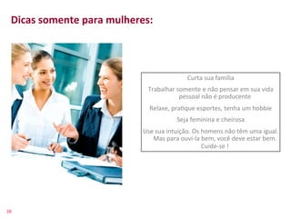 Dicas	
  somente	
  para	
  mulheres:	
  
    	
  
    	
  

                                                                Curta	
  sua	
  família	
  
                                           Trabalhar	
  somente	
  e	
  não	
  pensar	
  em	
  sua	
  vida	
  
                                                         pessoal	
  não	
  é	
  producente	
  
                                            Relaxe,	
  pra>que	
  esportes,	
  tenha	
  um	
  hobbie	
  
                                                           Seja	
  feminina	
  e	
  cheirosa	
  
                                         Use	
  sua	
  intuição.	
  Os	
  homens	
  não	
  têm	
  uma	
  igual.	
  
                                            Mas	
  para	
  ouví-­‐la	
  bem,	
  você	
  deve	
  estar	
  bem.	
  
                                                                          Cuide-­‐se	
  !	
  




28	
  
 