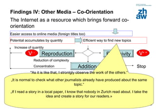 Findings IV: Other Media – Co-Orientation The Internet as a resource which brings forward co-orientation Easier access to online media (foreign titles too) Efficient way to find new topics Potential accumulates by quantity  Exclusivity V + + Reproduction Addition  V - + V - - Reduction of complexity Concentration New  aspect / redraw old stories  Increase of quantity  Stop New search for topics "As it is like that, I stronlgly observe the work of the others.“ „ It is normal to check what other journalists already have produced about the same topic.“ „ If I read a story in a local paper, I know that nobody in Zurich read about. I take the idea and create a story for our readers.» 