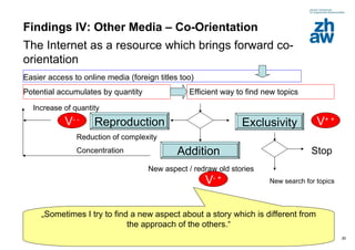 Findings IV: Other Media – Co-Orientation The Internet as a resource which brings forward co-orientation Easier access to online media (foreign titles too) Efficient way to find new topics Potential accumulates by quantity  Exclusivity V + + Reproduction Addition  V - + V - - Reduction of complexity Concentration New  aspect / redraw old stories  Increase of quantity  Stop New search for topics „ Sometimes I try to find a new aspect about a story which is different from the approach of the others.“ 