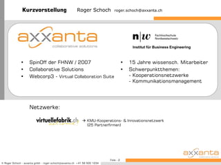 KurzvorstellungRoger Schoch  roger.schoch@axxanta.chInstitut für Business EngineeringSpinOff der FHNW / 2007Collaborative SolutionsWebcorp3 - Virtual Collaboration Suite15 Jahre wissensch. MitarbeiterSchwerpunktthemen:- Kooperationsnetzwerke- KommunikationsmanagementNetzwerke:                                            KMU-Kooperations- & Innovationsnetzwerk                                         (25 Partnerfirmen)