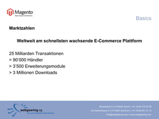 BasicsMarktzahlenWeltweit am schnellsten wachsende E-Commerce Plattform25 Milliarden Transaktionen> 90’000 Händler> 3’500 Erweiterungsmodule> 3 Millionen Downloads