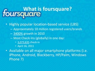 What is foursquare?Highly popular location-based service (LBS)Approximately 10 million registered users/brands3400% growth in 2010Most Check-Ins (globally) in one day:3,073,635 check-inApril 16, 2011Available on all major smartphone platforms (i.e. iPhone, Android, Blackberry, HP/Palm, Windows Phone 7)