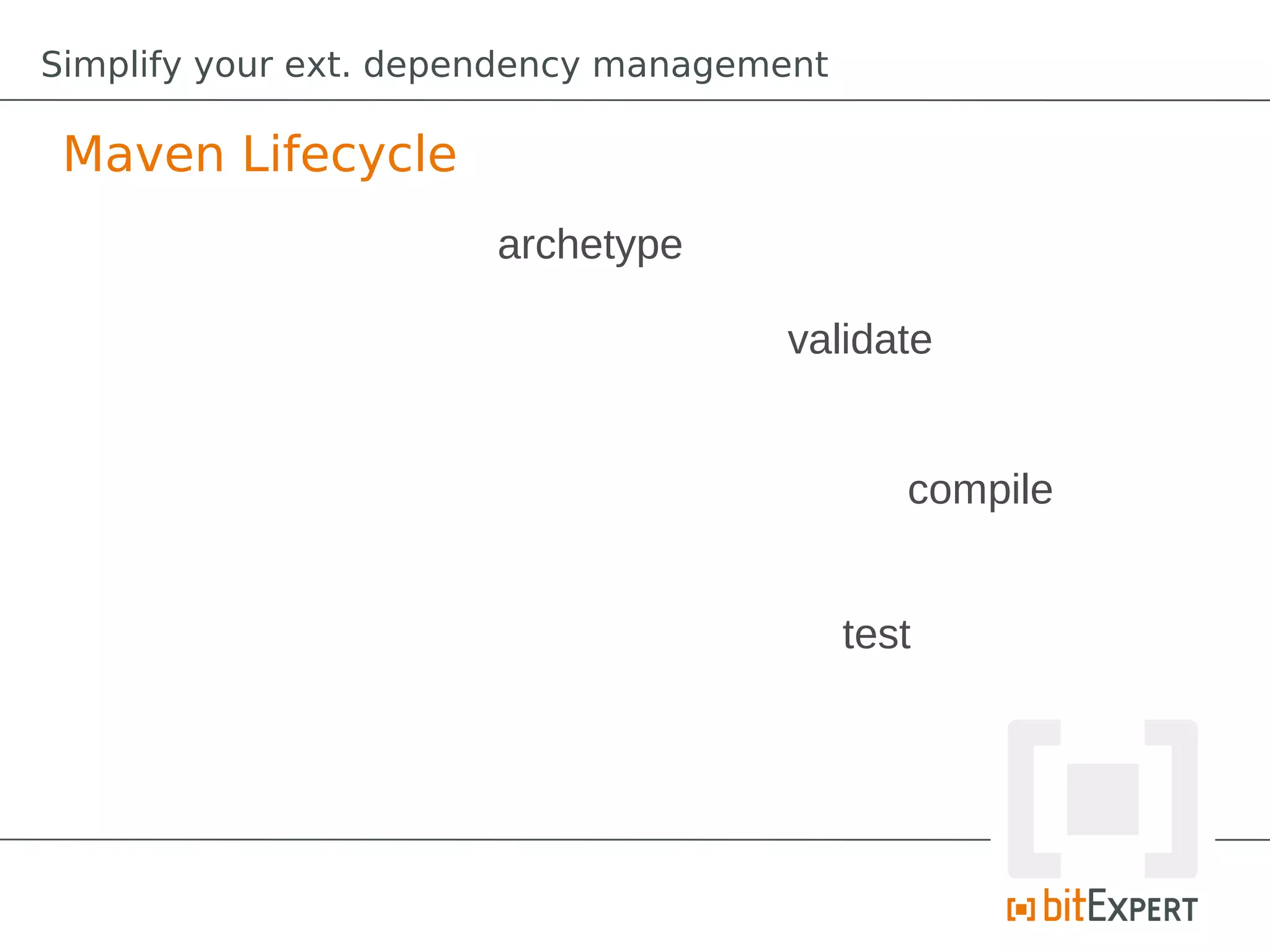 Simplify your ext. dependency management

 Maven Lifecycle
                       archetype

                                     validate


                                              compile


                                           test
 