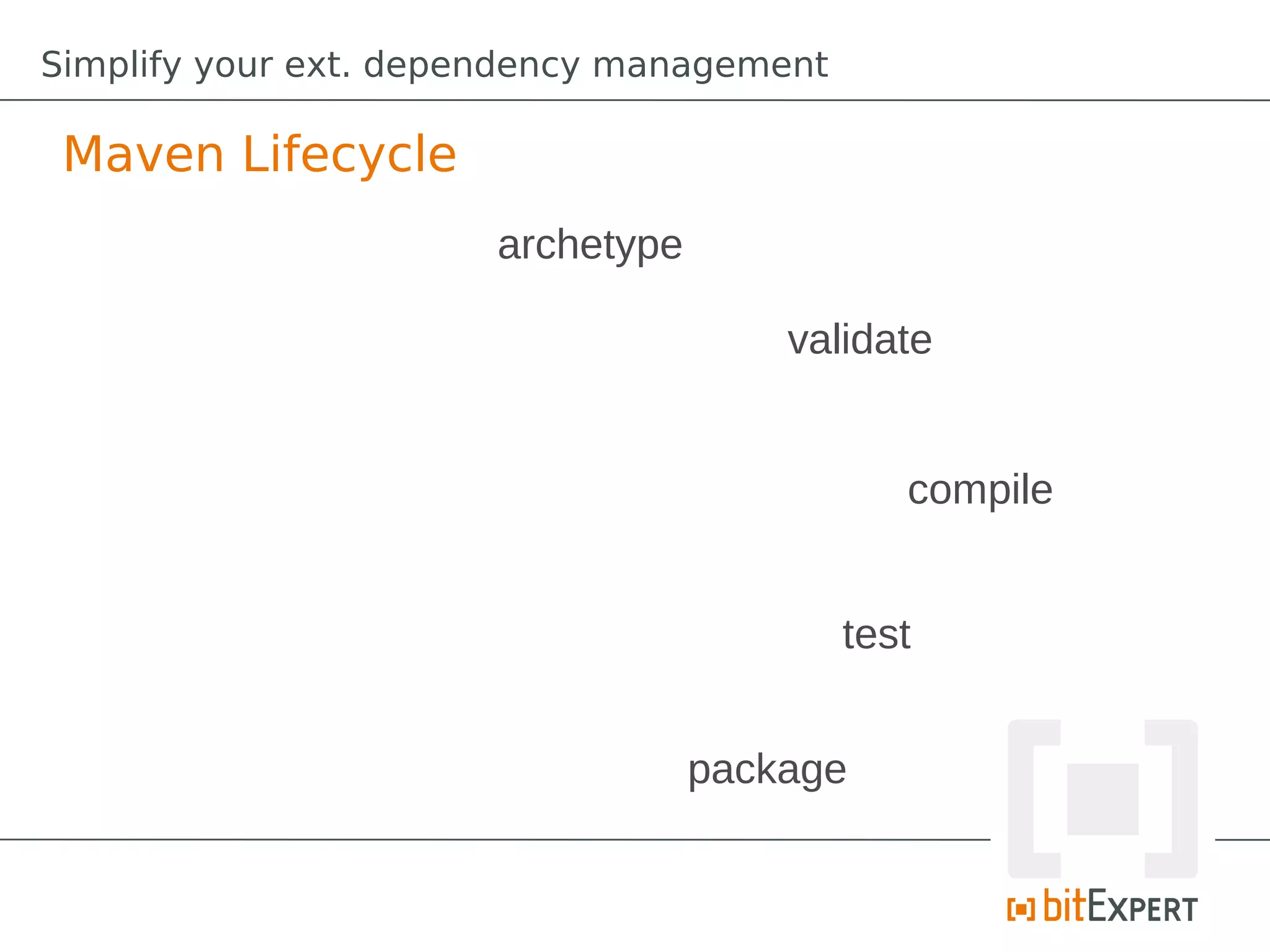 Simplify your ext. dependency management

 Maven Lifecycle
                       archetype

                                       validate


                                              compile


                                           test


                                   package
 